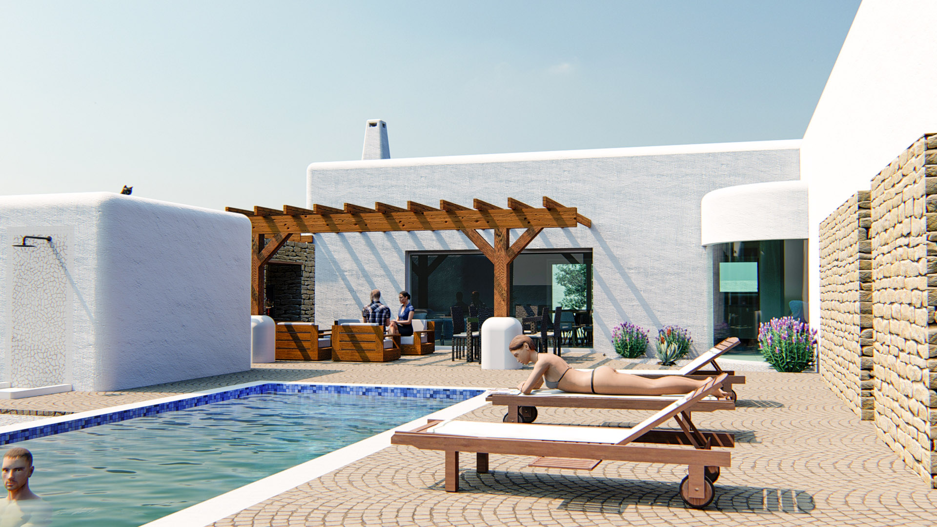 Außenbereich mit blauem Mosaikpool, Holzpergola und gepflasterter Sonnenterrasse. Ibizanische Architektur mit weißen Putzwänden und Akzenten aus Natursteinmauerwerk.