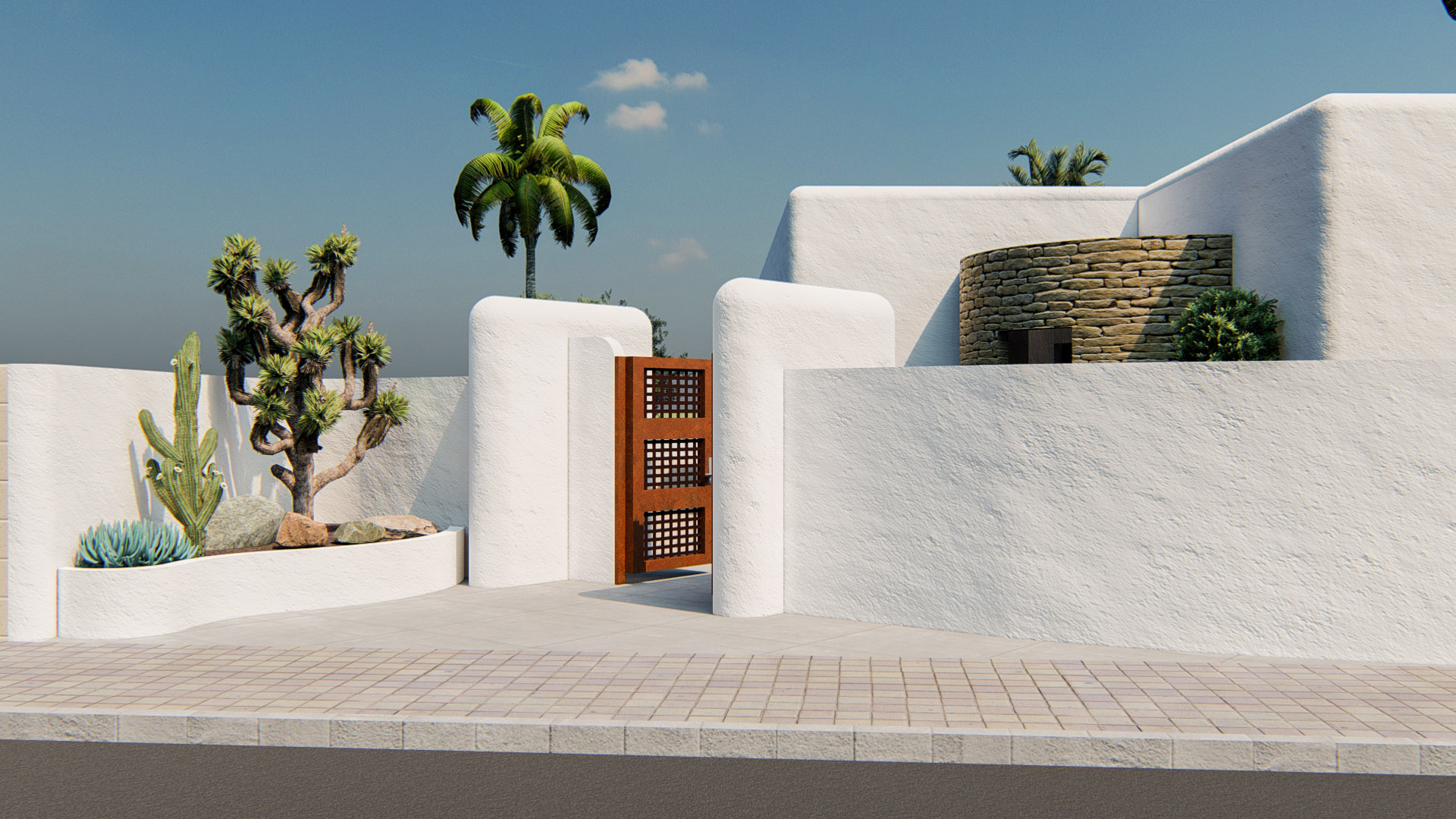 Außenfassade im Ibiza-Stil mit abgerundeten weißen Mauern, einem Holztor und Natursteinakzenten, ergänzt durch einen mediterranen Garten mit Kakteen und Palmen.