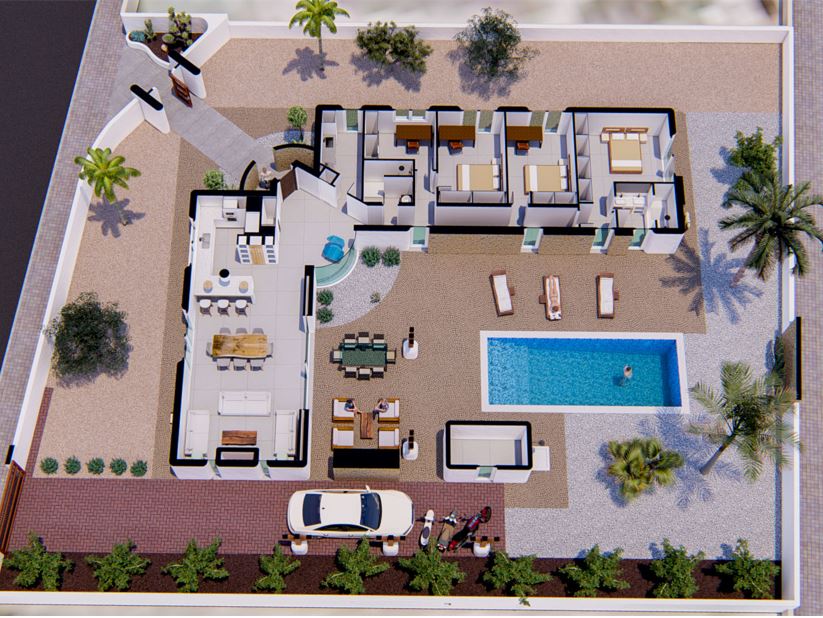 Detaillierter 3D-Grundriss der Villa mit offenem Wohnbereich, drei Schlafzimmern, privatem Pool und befestigtem Parkplatz auf dem Grundstück.