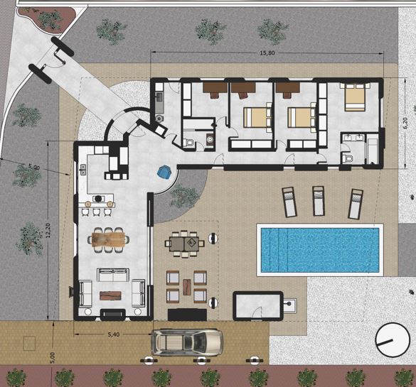 Detaillierter Grundriss der Villa im L-Format mit drei Schlafzimmern, offenem Wohnbereich, Außenpool und integriertem Parkplatz.