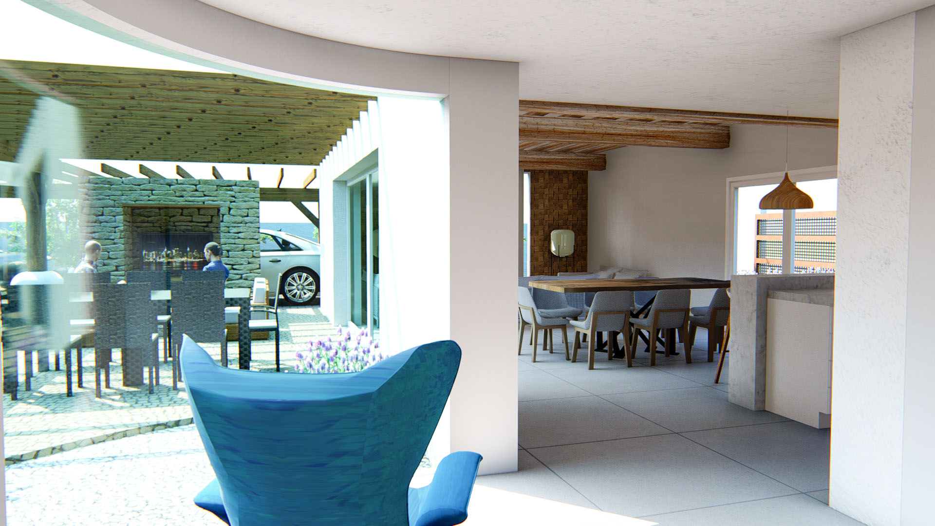 Innenansicht des Essbereichs mit Holzbalkendecke und direktem Zugang zur Außenterrasse mit Holzpergola und Natursteinmauer.