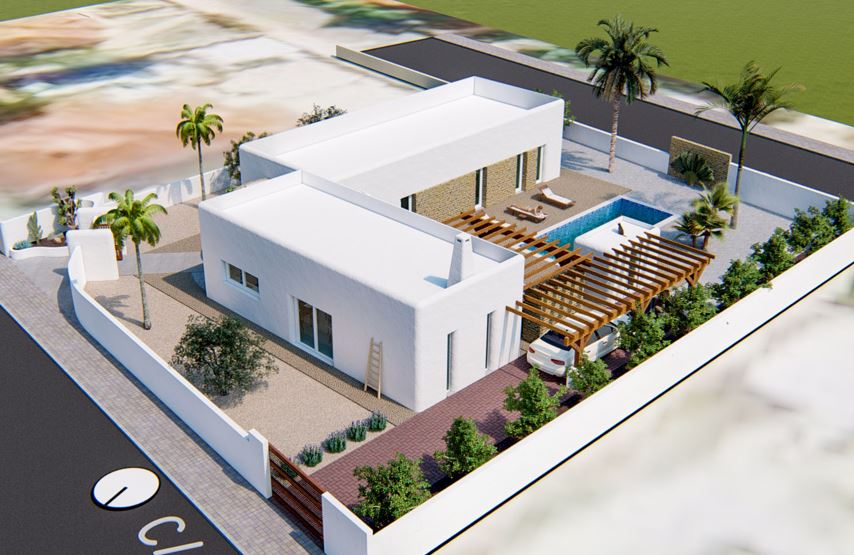 Luftaufnahme der Villa im Ibiza-Stil mit weißer Fassade, privatem Pool, Holzpergolen und mediterran gestaltetem Garten.