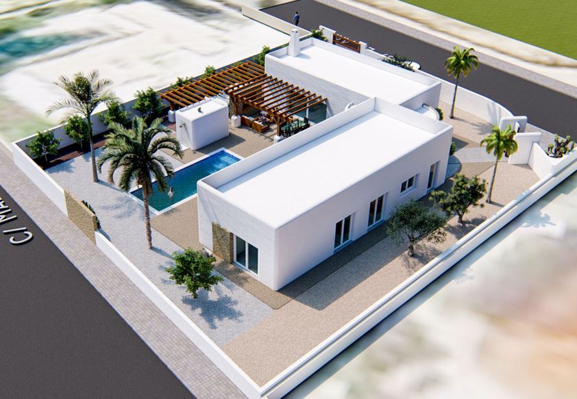 Luftaufnahme der Villa im Ibiza-Stil mit weißer Fassade, rechteckigem Pool, Holzpergola und mediterranem Garten auf einem Eckgrundstück.
