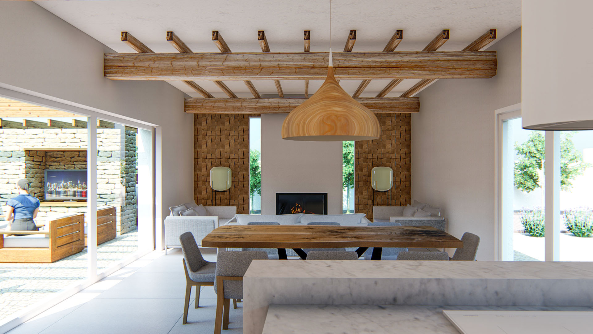 Offener Wohn- und Essbereich mit sichtbaren Holzbalken, integriertem Kamin und strukturierten Wandpaneelen. Große Glasschiebetüren führen zur Terrasse mit Natursteinwand.