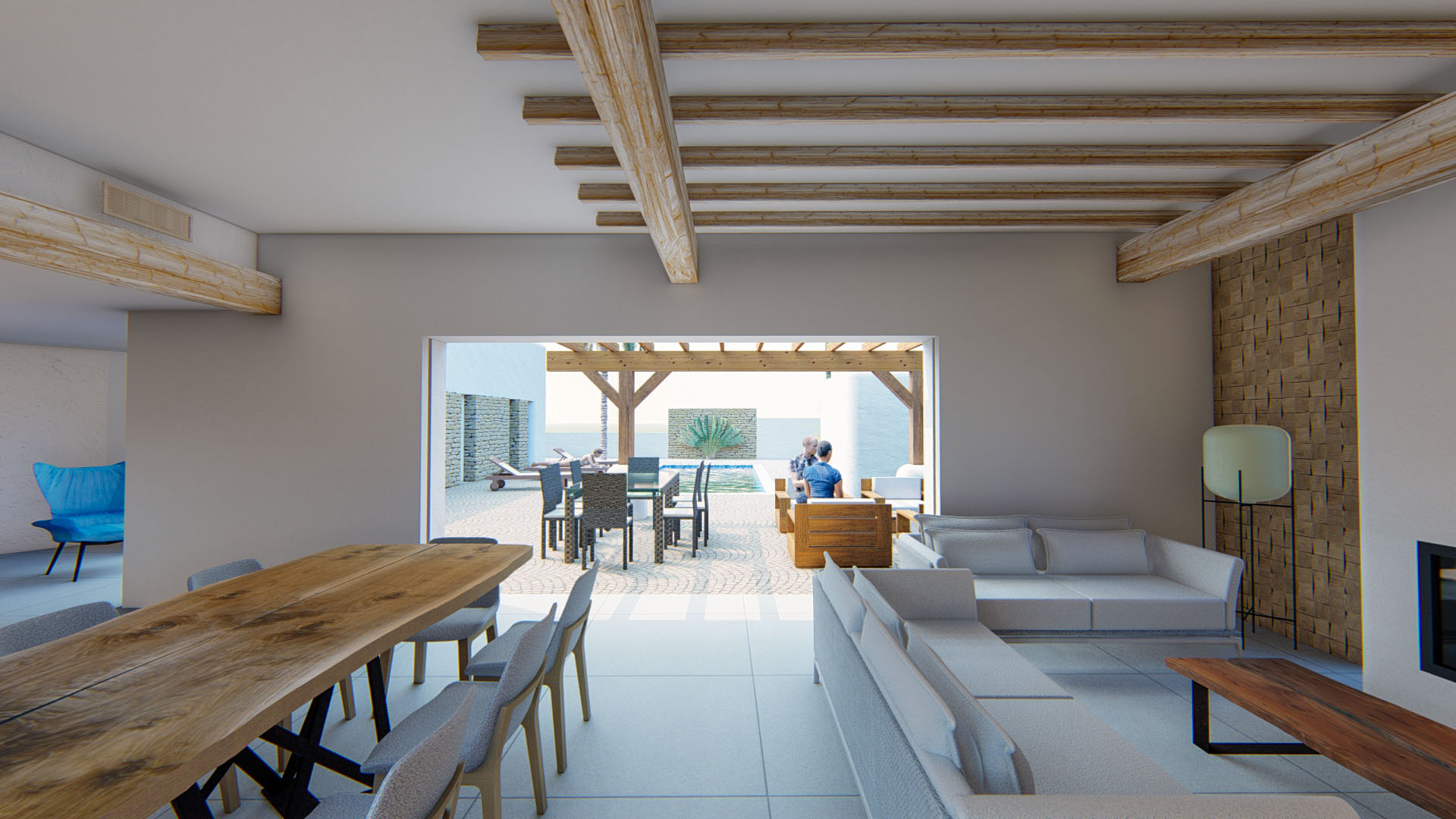 Offener Wohn- und Essbereich mit sichtbaren Holzbalken und strukturierten Wandpaneelen. Eine große Schiebetür verbindet den Innenraum mit der Poolterrasse und Pergola.