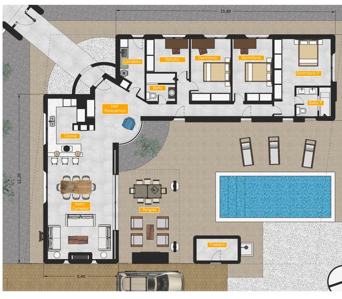 Technischer Grundriss der Villa in L-Form mit drei Schlafzimmern, Arbeitszimmer und offenem Wohnkonzept, das direkt an den Pool- und Pergolabereich anschließt.