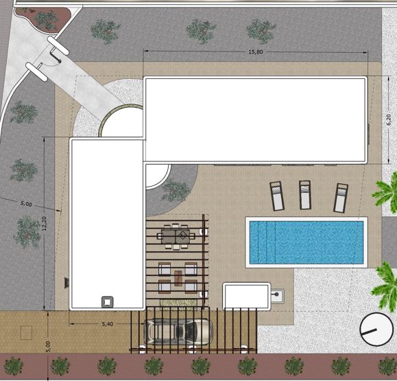 Technischer Lageplan mit Darstellung des rechteckigen Pools, der Außenwohnbereiche unter Pergolen, des Parkplatzes und der Gebäudemaße.