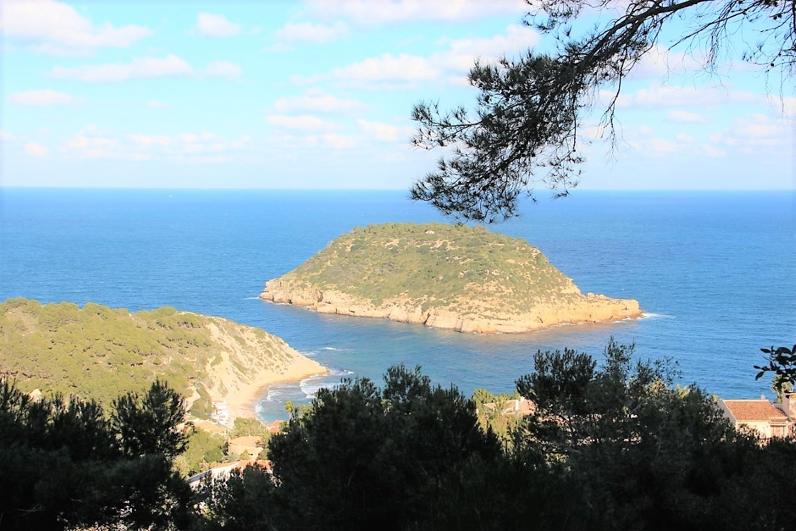 Panoramablick vom Grundstück auf die Insel Portichol und das Mittelmeer, eingerahmt von einheimischen Pinien und der Küste von Jávea.