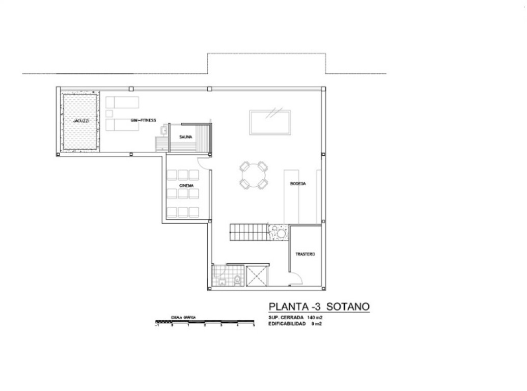 Detaillierter Grundriss des Untergeschosses -3 mit Wellnessbereich (Sauna, Whirlpool, Fitness), Heimkino, Weinkeller und zusätzlichem Stauraum.