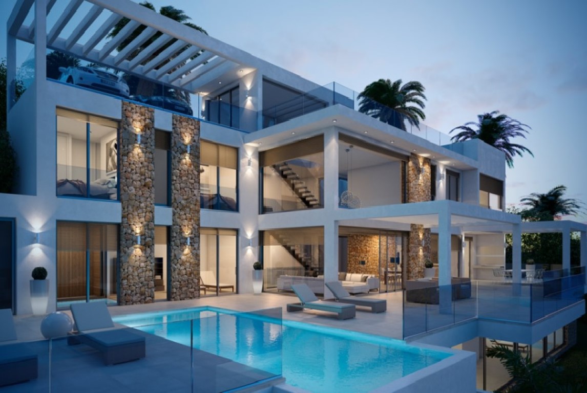 Dreistöckige moderne Fassade mit Pool, Trockensteinmauern und weitläufigen Terrassen in zeitgenössischem Design bei Abenddämmerung.