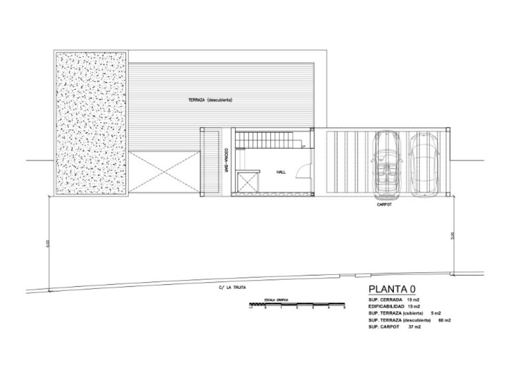 Technischer Grundriss von Ebene 0 mit Doppel-Carport, Eingangshalle, Außenküche-Bar und einer großzügigen, 60 m² großen offenen Terrasse.