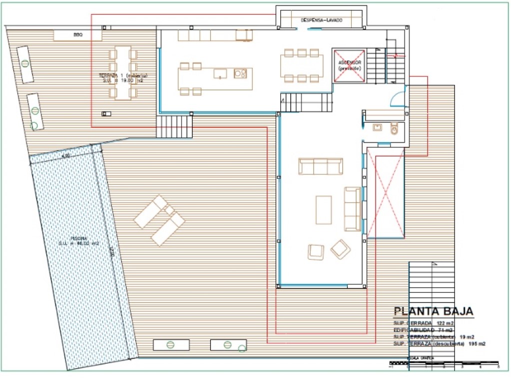 Detaillierter Grundriss der Hauptebene mit Wohn-Essbereich, Inselküche und einer großen Terrasse mit privatem Pool und Außen-Grillplatz.