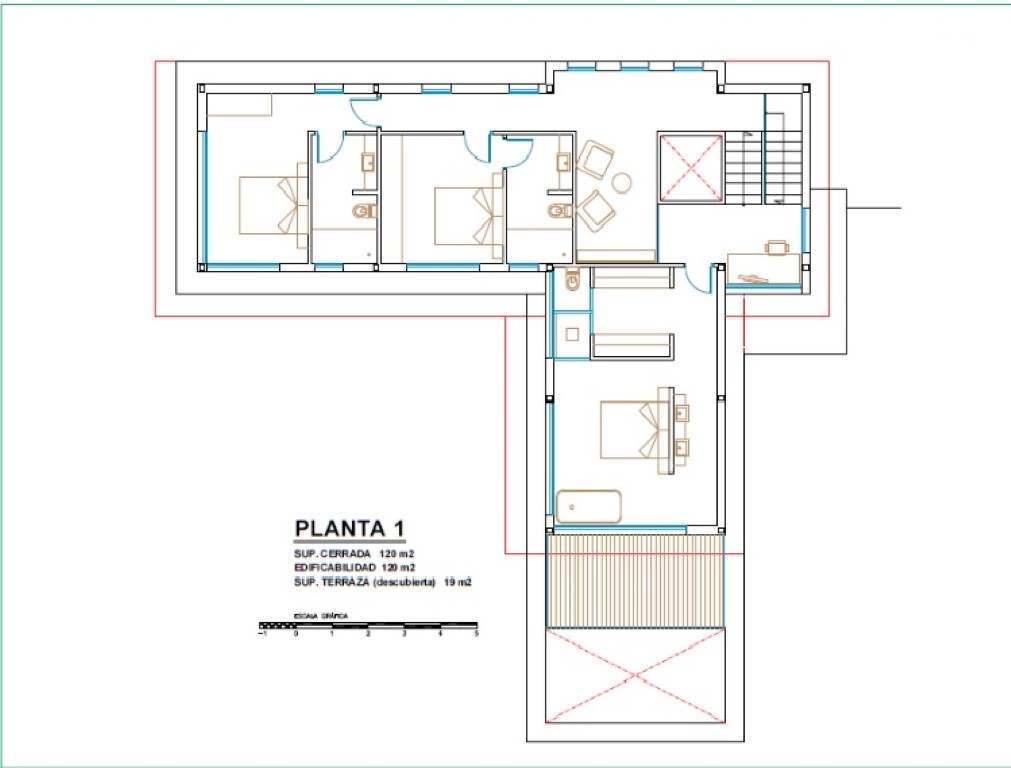 Technischer Grundriss der ersten Etage mit der Aufteilung von drei Schlafzimmern mit Bad en-suite, Arbeitsbereich und Zugang zur Terrasse.