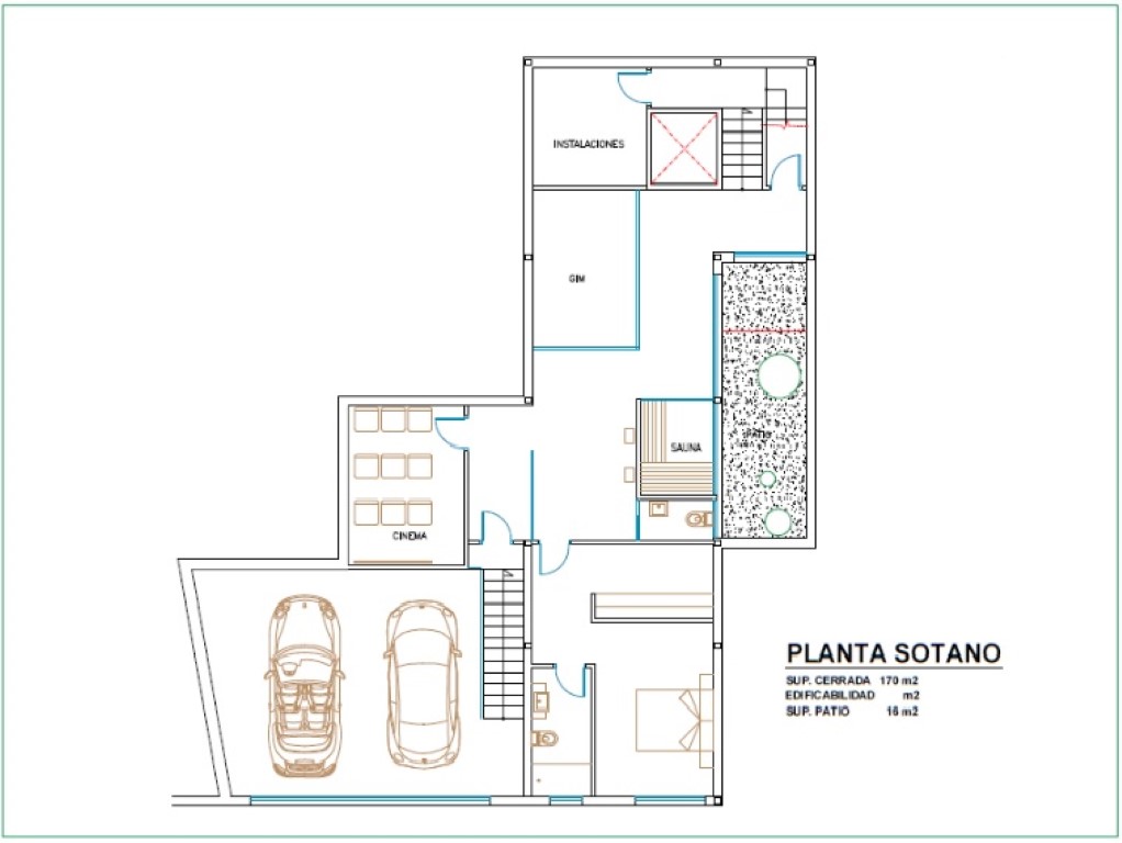 Technischer Grundriss des Untergeschosses mit Darstellung der Doppelgarage, des Kinos, Fitnessraums, der Sauna und eines Schlafzimmers.