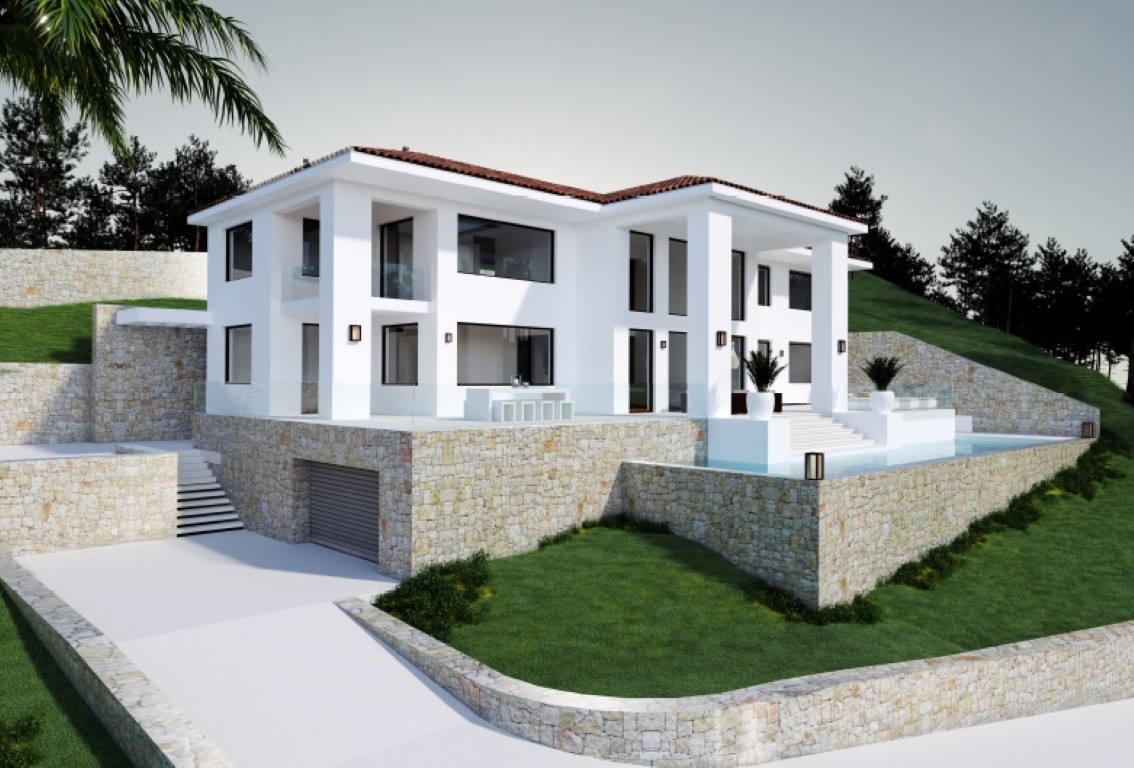 Außenansicht der modernen Villa mit weißer Fassade, Natursteinmauern, Infinity-Pool und Terrassen mit Glasgeländern in Hanglage mit Gartenanlage.