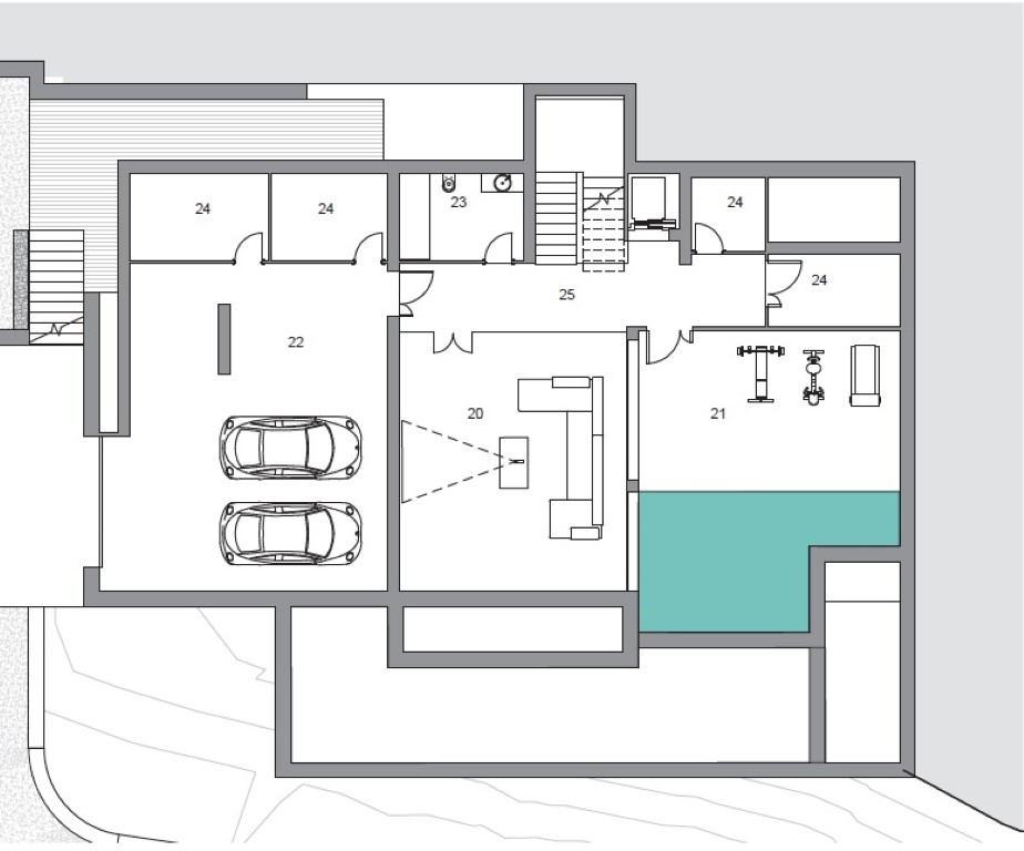 Detaillierter Grundriss des Untergeschosses mit Doppelgarage, Heimkino, Fitnessraum mit integriertem Poolbereich und mehreren Lagerräumen.