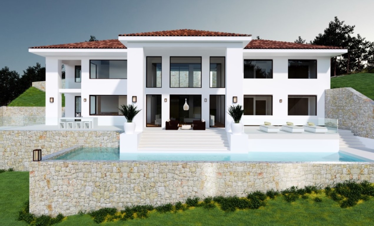 Moderne weiße Villa mit großen Fensterfronten, einem Infinity-Pool vor Natursteinmauern und weitläufigen Terrassenbereichen zum Entspannen.