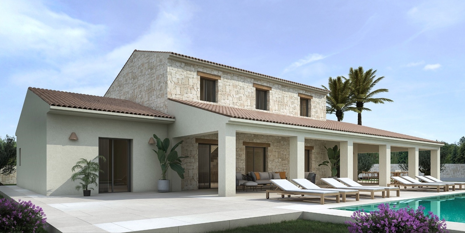 Außenansicht im Finca-Stil mit Natursteinfassade, weitläufiger überdachter Terrasse und Poolbereich mit hochwertigen Sonnenliegen.