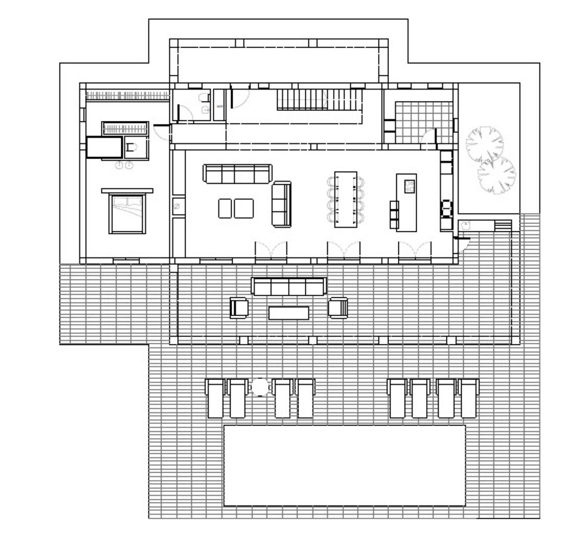 Detaillierter Grundriss des Erdgeschosses mit offenem Wohn-Essbereich, Küche mit Kochinsel, Hauptschlafzimmer und großzügiger Terrasse mit 48m2 Pool.
