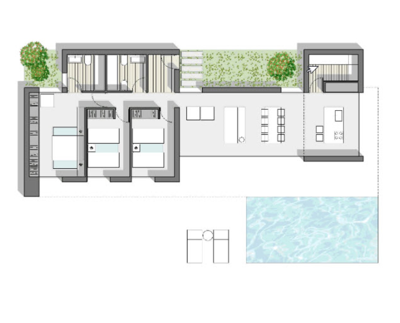 Detaillierter Grundriss der einstöckigen Villa mit drei Schlafzimmern, offenem Wohn- und Essbereich, integrierter Küche sowie Außenbereich mit Terrasse und Pool.