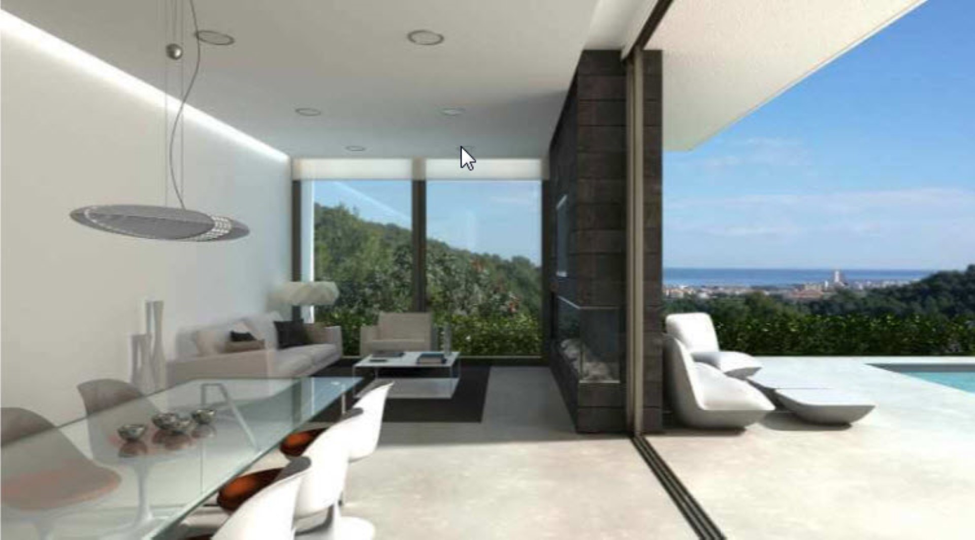 Offener Wohn- und Essbereich mit bodentiefen Glasfronten, einem Natursteinkamin und direktem Zugang zur Terrasse mit Meerblick und Pool.