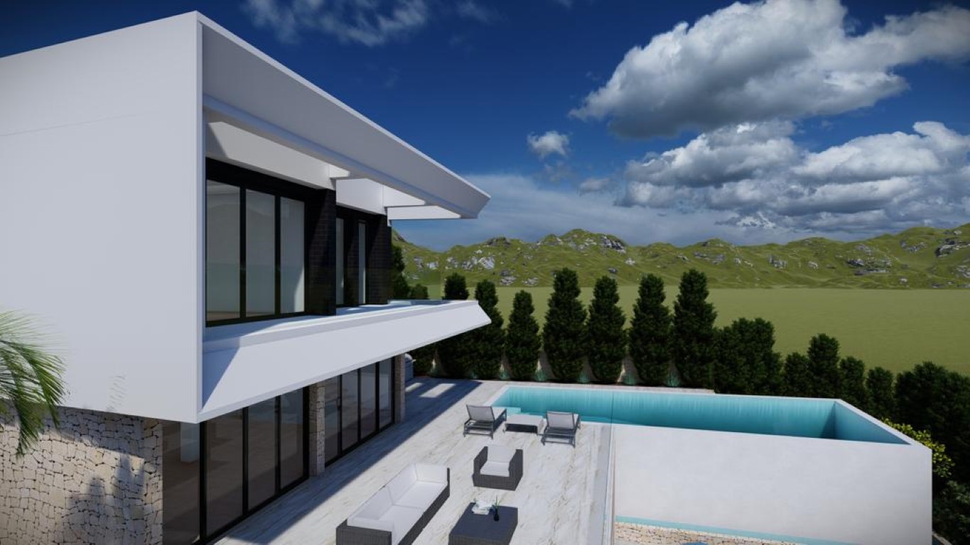 Außenansicht der Villa mit Infinity-Pool, möblierter Terrasse und minimalistischer weißer Fassade mit Akzenten aus Natursteinmauerwerk.