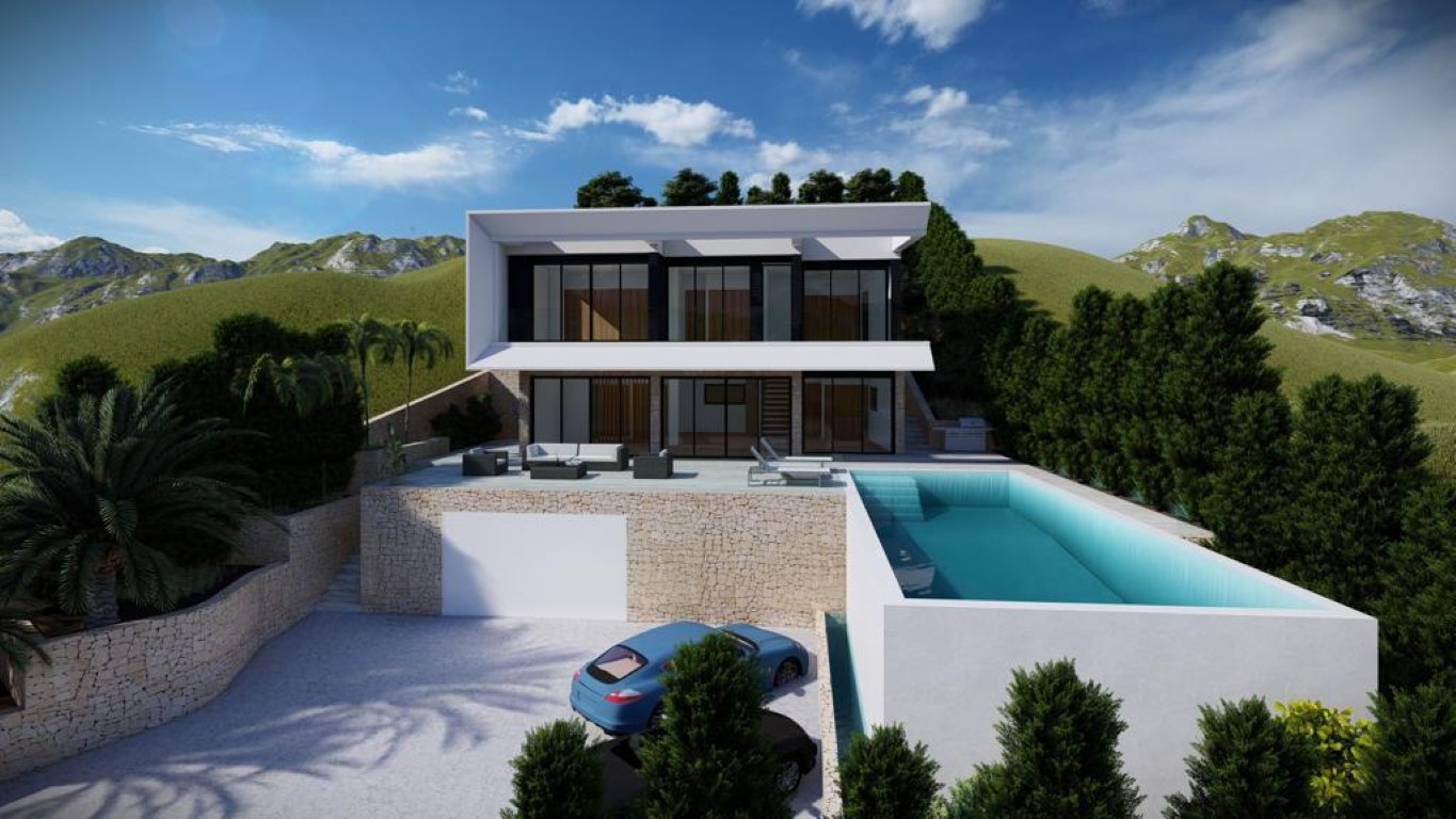 Außenansicht einer modernen Villa mit Infinity-Pool, bodentiefen Glasfronten und in den Hang integrierten Natursteinmauern.