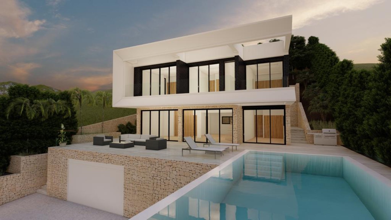 Außenansicht einer modernen Villa mit Infinity-Pool, Natursteinmauern, großen Glasfronten und einer großzügigen Terrasse mit Loungebereich und Grillstation.