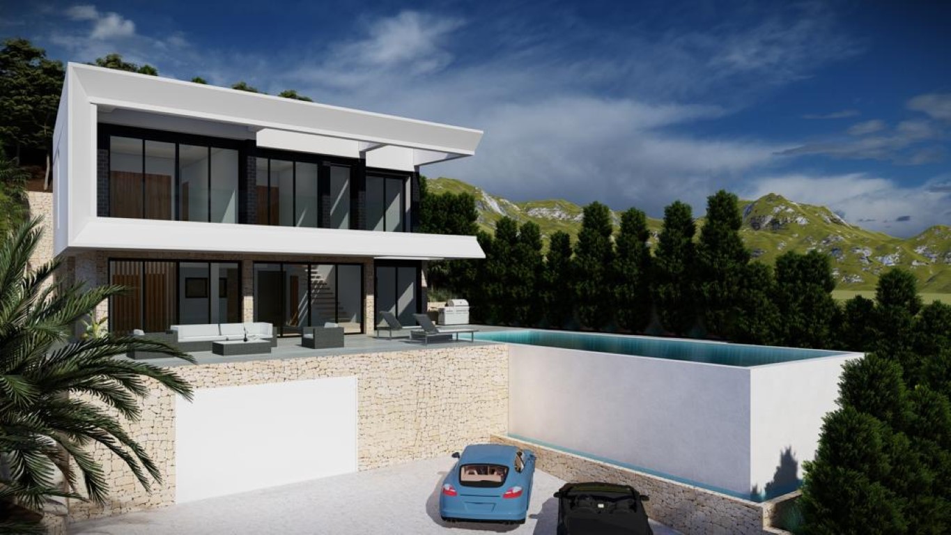 Außenansicht einer modernen Villa mit Infinity-Pool, Natursteinmauern und bodentiefen Glasfronten mit Blick auf die umliegende Berglandschaft.
