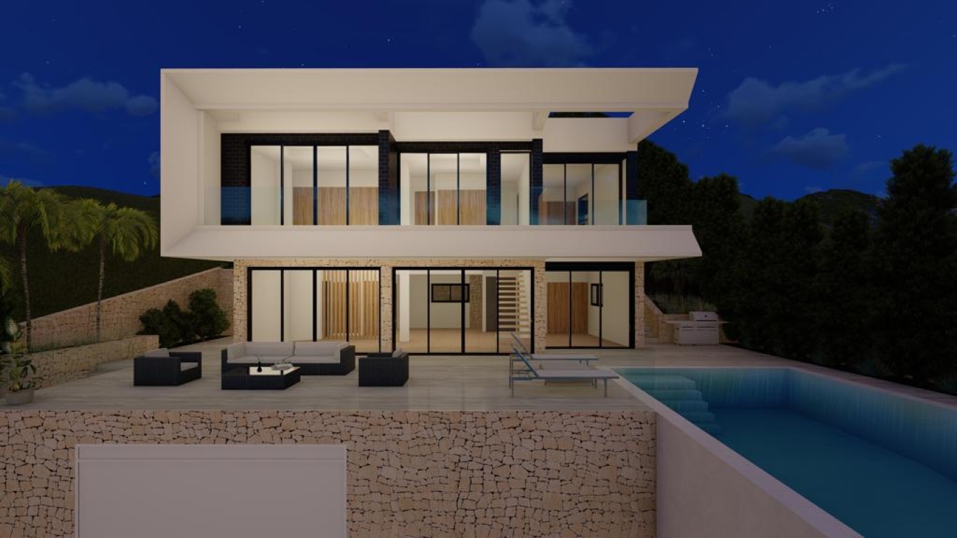 Beleuchtete Rückfassade mit Infinity-Pool, Trockensteinmauern und großen Glasfronten, die den Außenbereich mit dem modernen Interieur aus Holz und Glas verbinden.