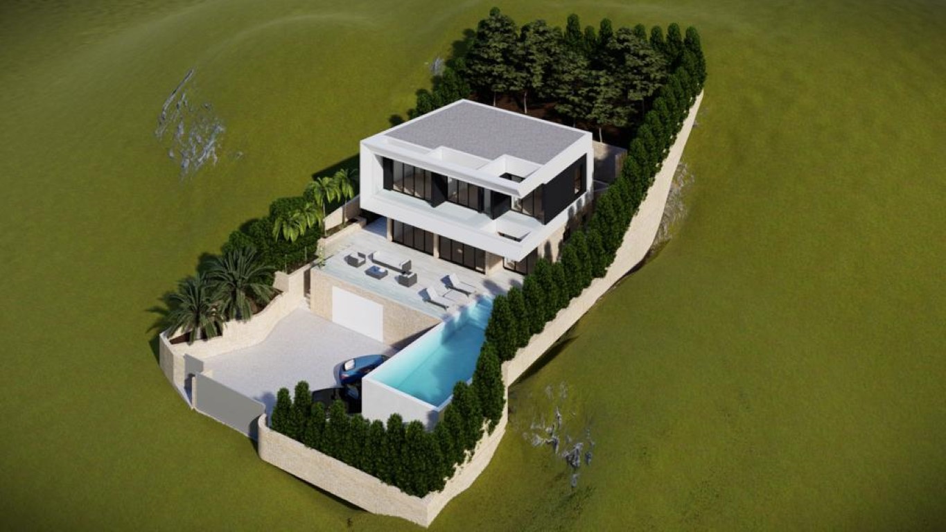 Luftaufnahme-Rendering einer modernen Villa mit weißer Fassade, langgestrecktem Infinity-Pool, großzügigen Terrassen und Natursteinmauern in Hanglage.