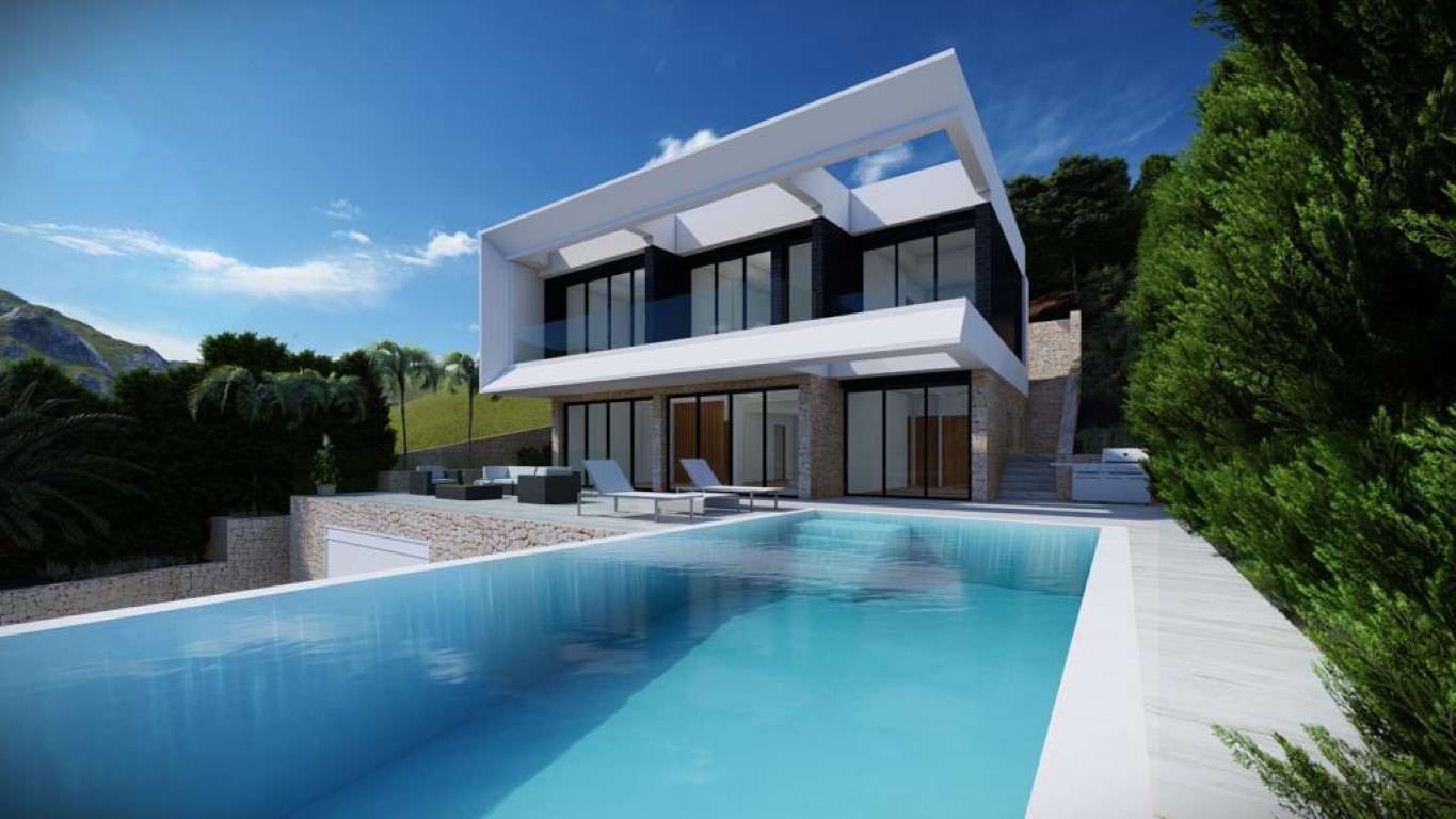Moderne Design-Villa mit 60 m² Infinity-Pool, Natursteinfassade und einer weißen geometrischen Oberkonstruktion mit bodentiefen Fenstern und Glasgeländern.