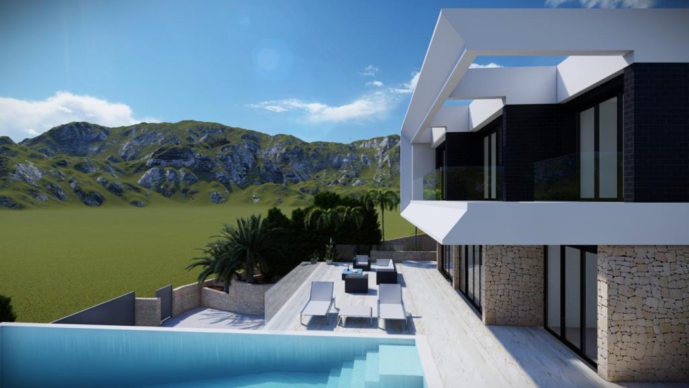 Moderne Villa mit Infinity-Pool, Natursteinterrasse und Bergblick. Die Architektur besticht durch weiße geometrische Formen, schwarze Akzente und großzügige Glasfronten.