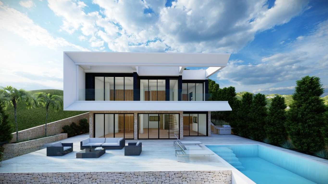 Moderne zweistöckige Villa mit raumhoher Verglasung, Natursteinterrasse, Infinity-Pool und elegantem Außenwohnbereich vor einer mediterranen Hügellandschaft.