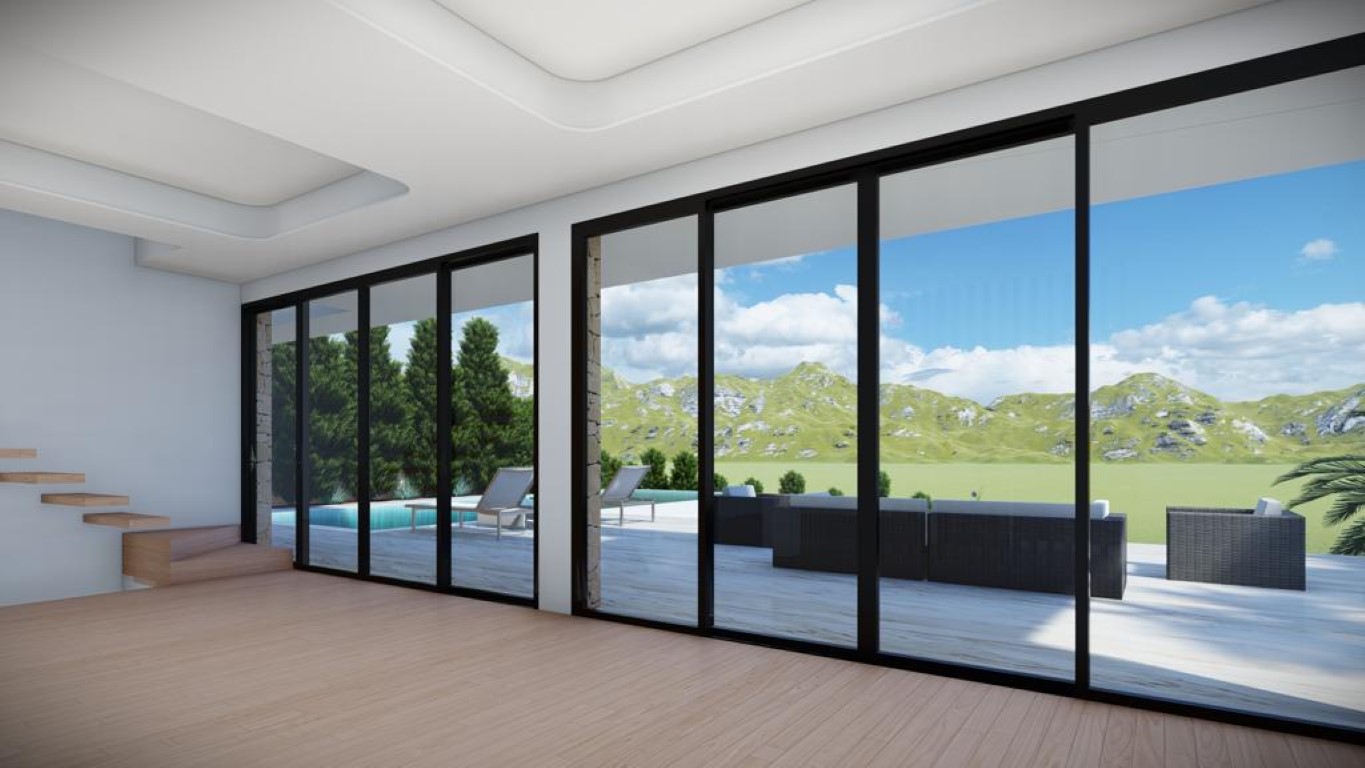 Offener Wohnbereich mit hellem Holzboden, abgehängten Decken und bodentiefen Glasschiebetüren, die zur Terrasse mit Infinity-Pool und Bergblick führen.