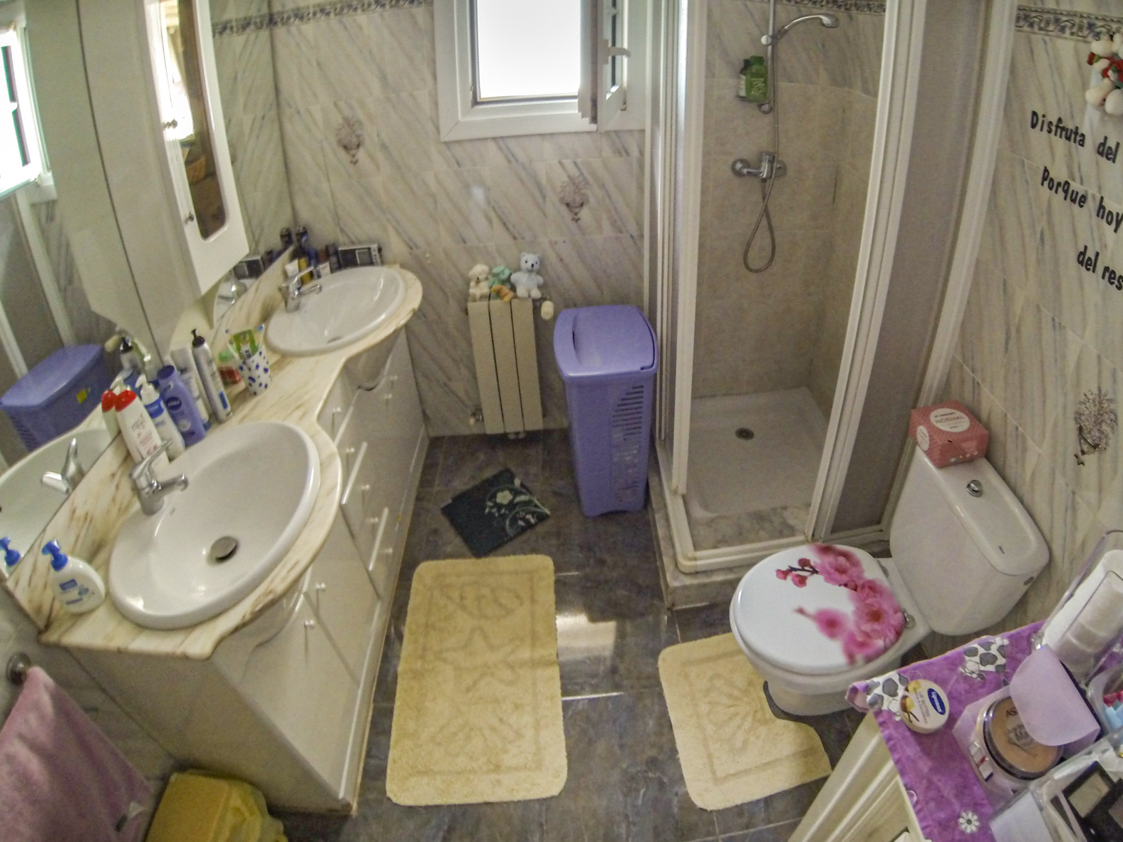 Badezimmer mit Doppelwaschbecken, Duschkabine und WC mit verziertem Deckel.