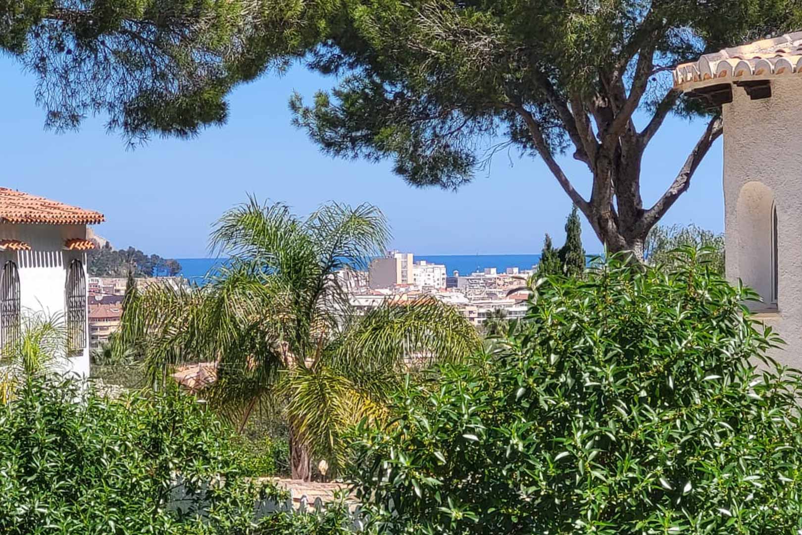 Panoramablick auf Denia von der Villa, mit üppigem Grün und dem Mittelmeer im Hintergrund.