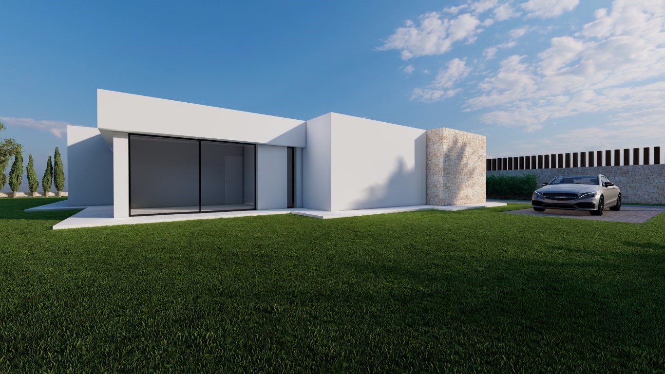 Minimalistische Außenansicht der Villa mit großen Glasschiebetüren, einer Natursteinwand und einem gepflasterten Stellplatz auf gepflegtem Rasen.