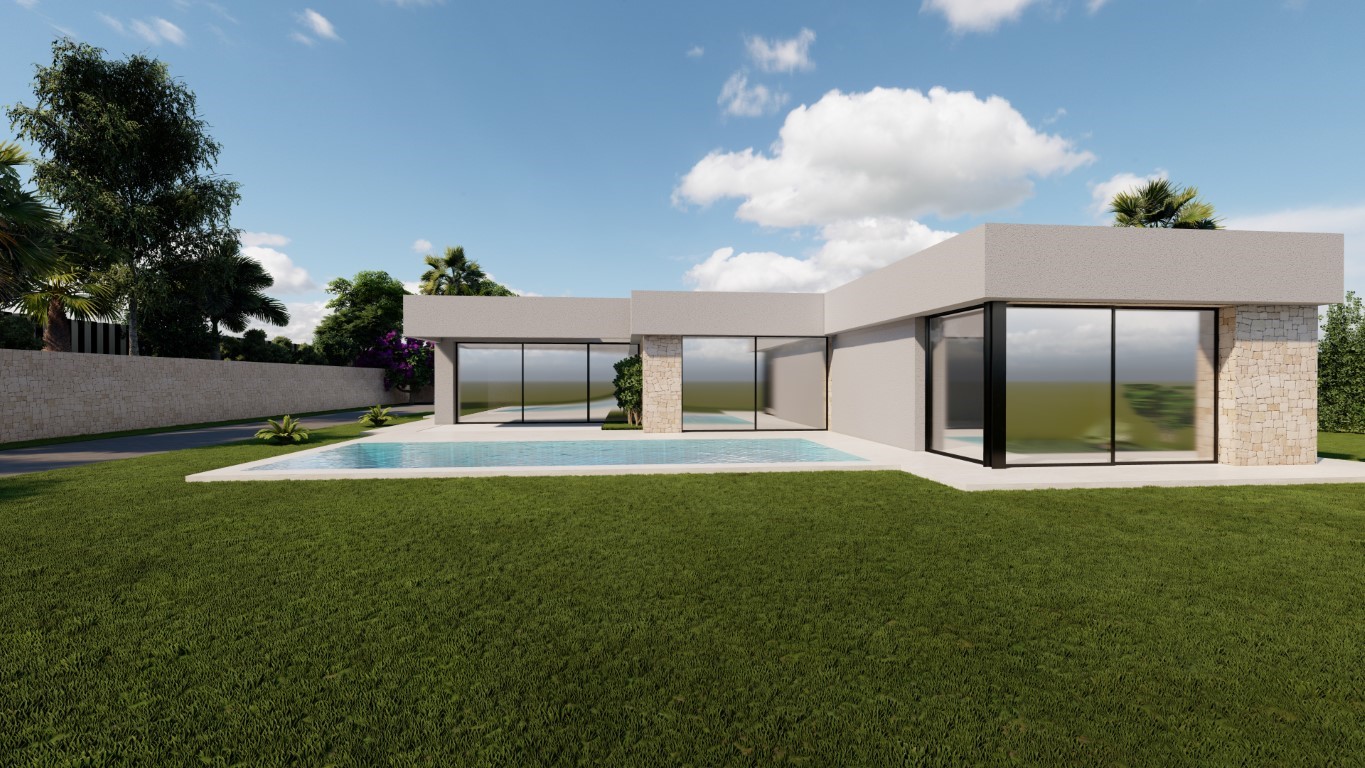 Moderne Villa mit weißer Fassade, Natursteinakzenten, rechteckigem Pool und großen Glasschiebetüren, die auf die gepflegte Rasenfläche führen.