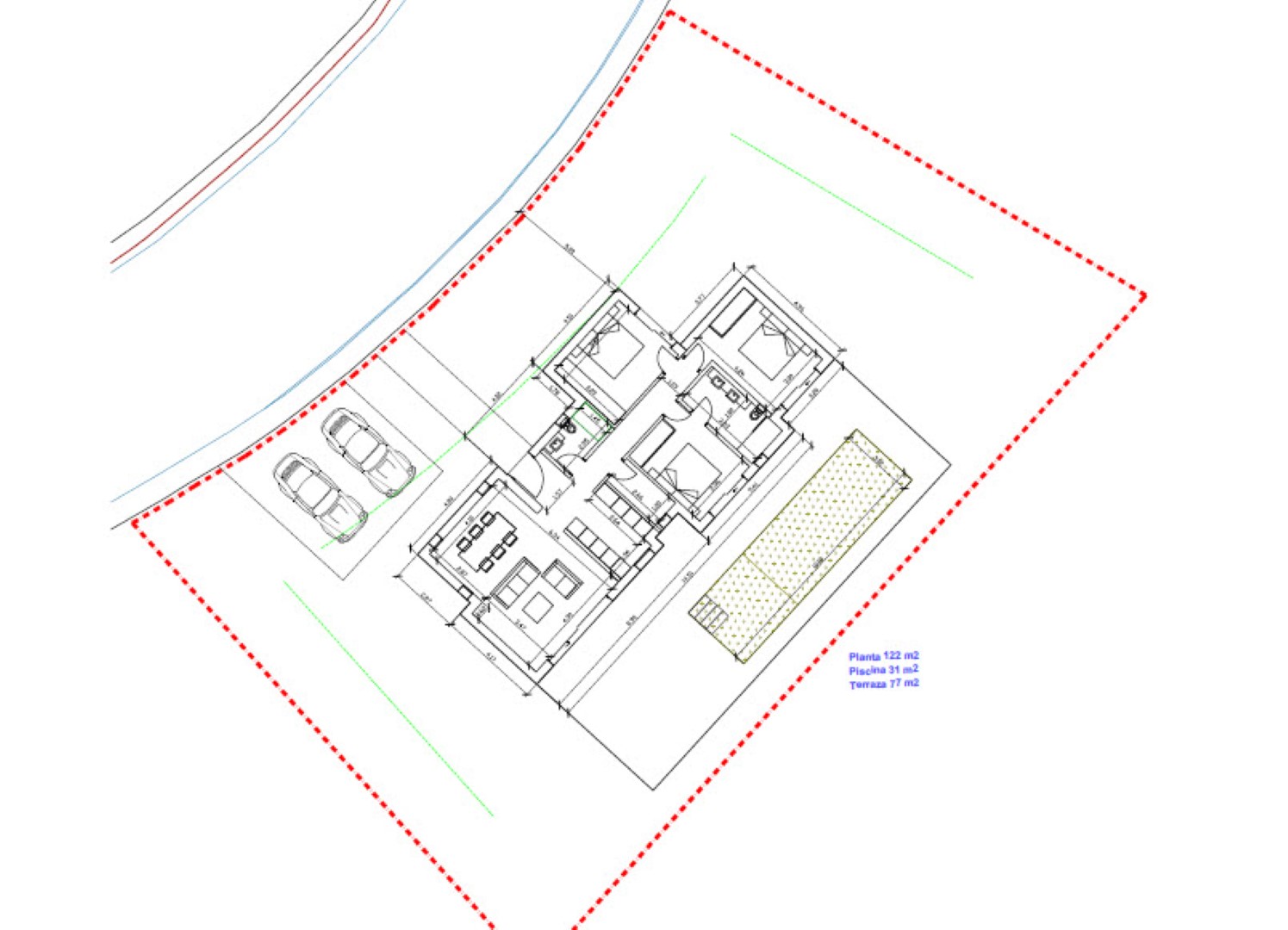 Detaillierter Grundriss der Villa auf einer Ebene, der die Aufteilung der drei Schlafzimmer, den offenen Wohnbereich, die Terrasse und den Pool zeigt.