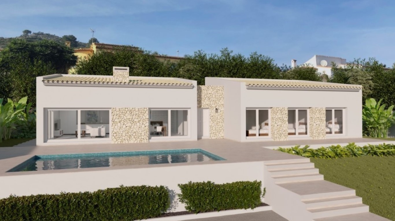 Moderne einstöckige Villa mit Natursteinakzenten, rechteckigem Pool und weitläufiger Terrasse, die direkt an den mediterranen Garten angrenzt.