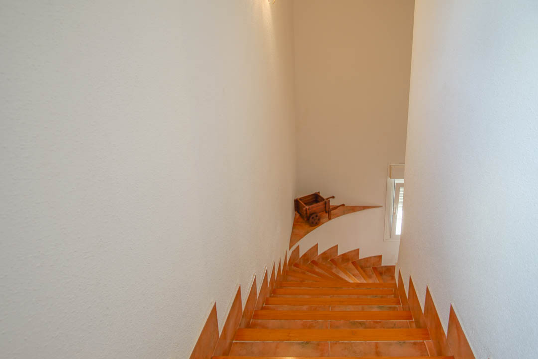 Innentreppe mit terracottafarbenen Fliesen und Holzkanten, eingefasst von strukturierten weißen Wänden und natürlichem Lichteinfall.