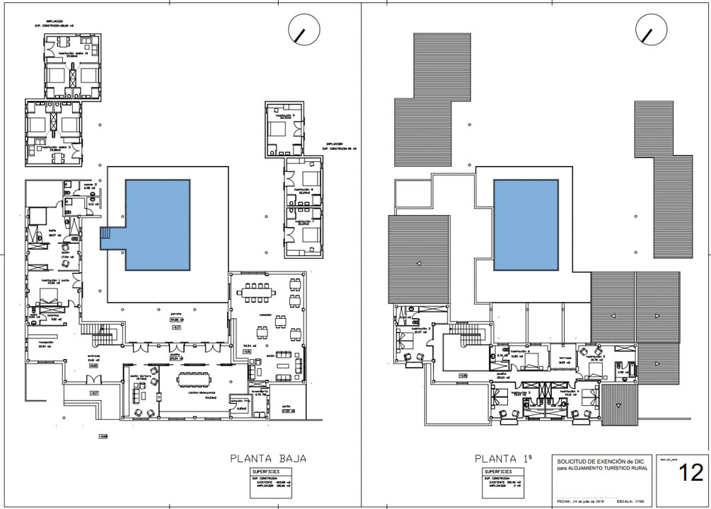 Architektonische Grundrisse des Erdgeschosses und der ersten Etage mit Darstellung der Suiten, Gemeinschaftsbereiche und des zentralen Pools für das Hotelprojekt.