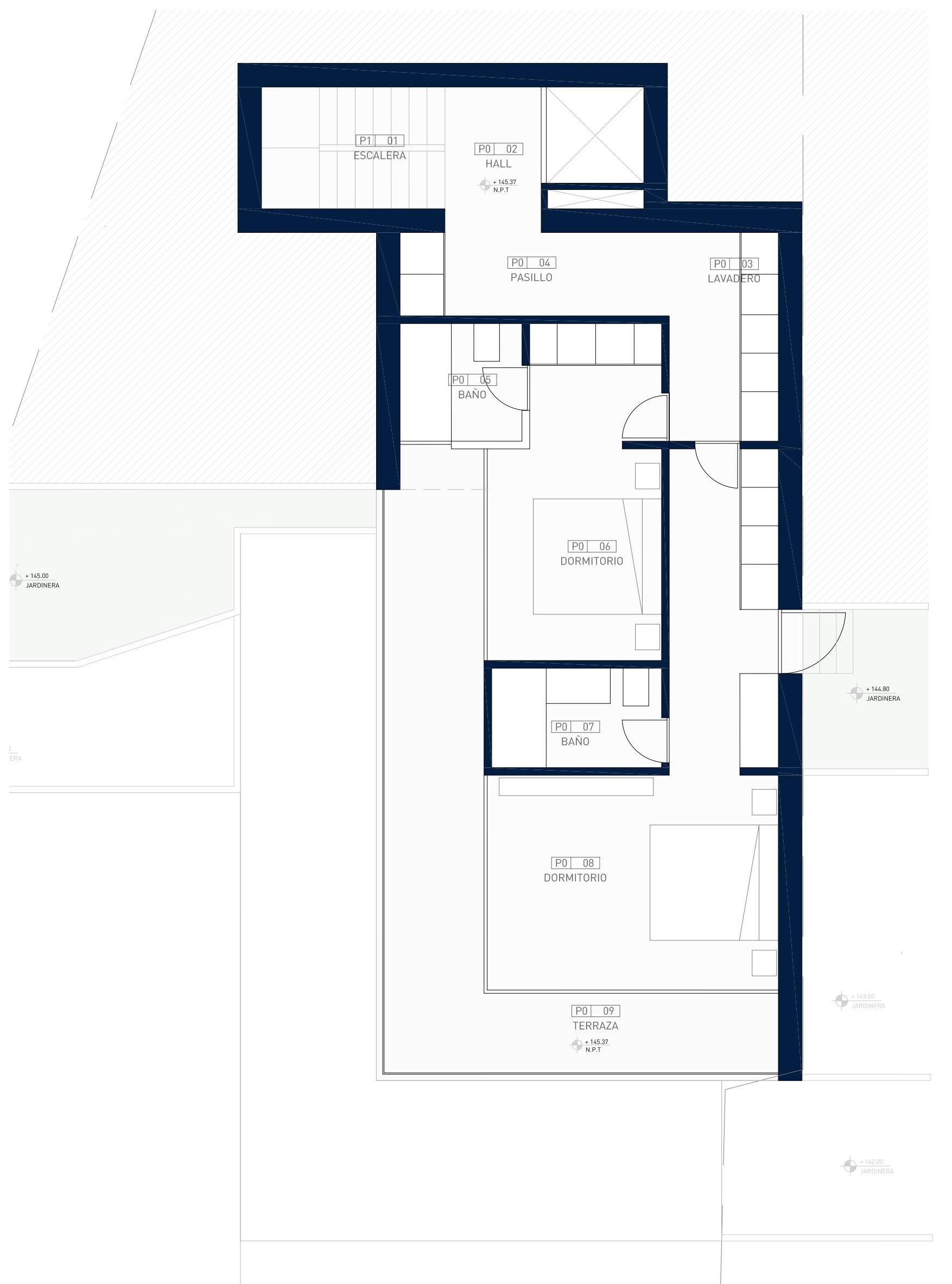 Detaillierter Grundriss der Ebene P0 mit zwei Schlafzimmern inklusive En-Suite-Bädern, einem Hauswirtschaftsraum und einer weitläufigen Terrasse.