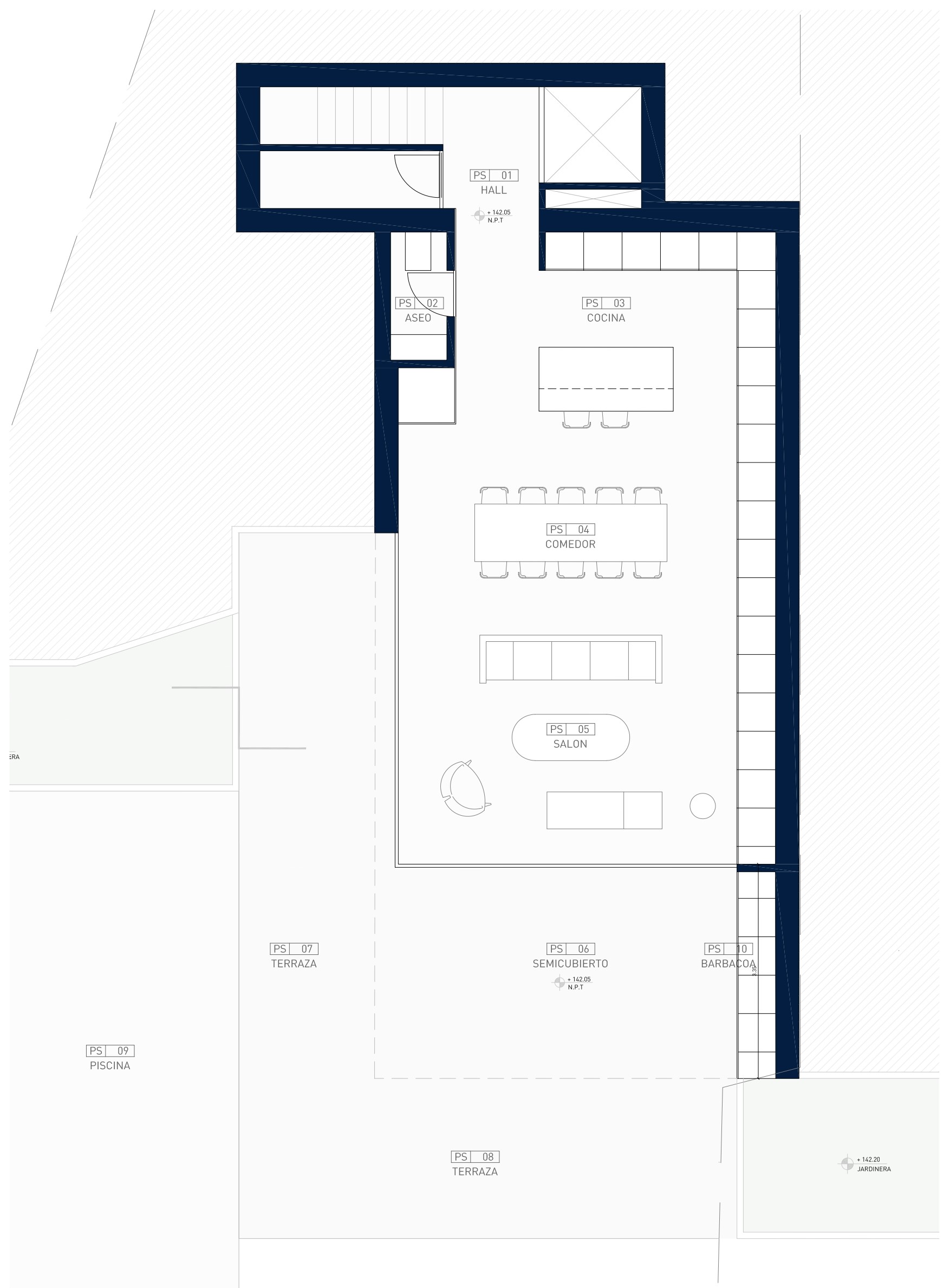 Detaillierter Grundriss des Erdgeschosses mit offenem Wohn-, Ess- und Küchenbereich, der direkt auf die großzügige Terrasse mit Pool und Grillplatz führt.
