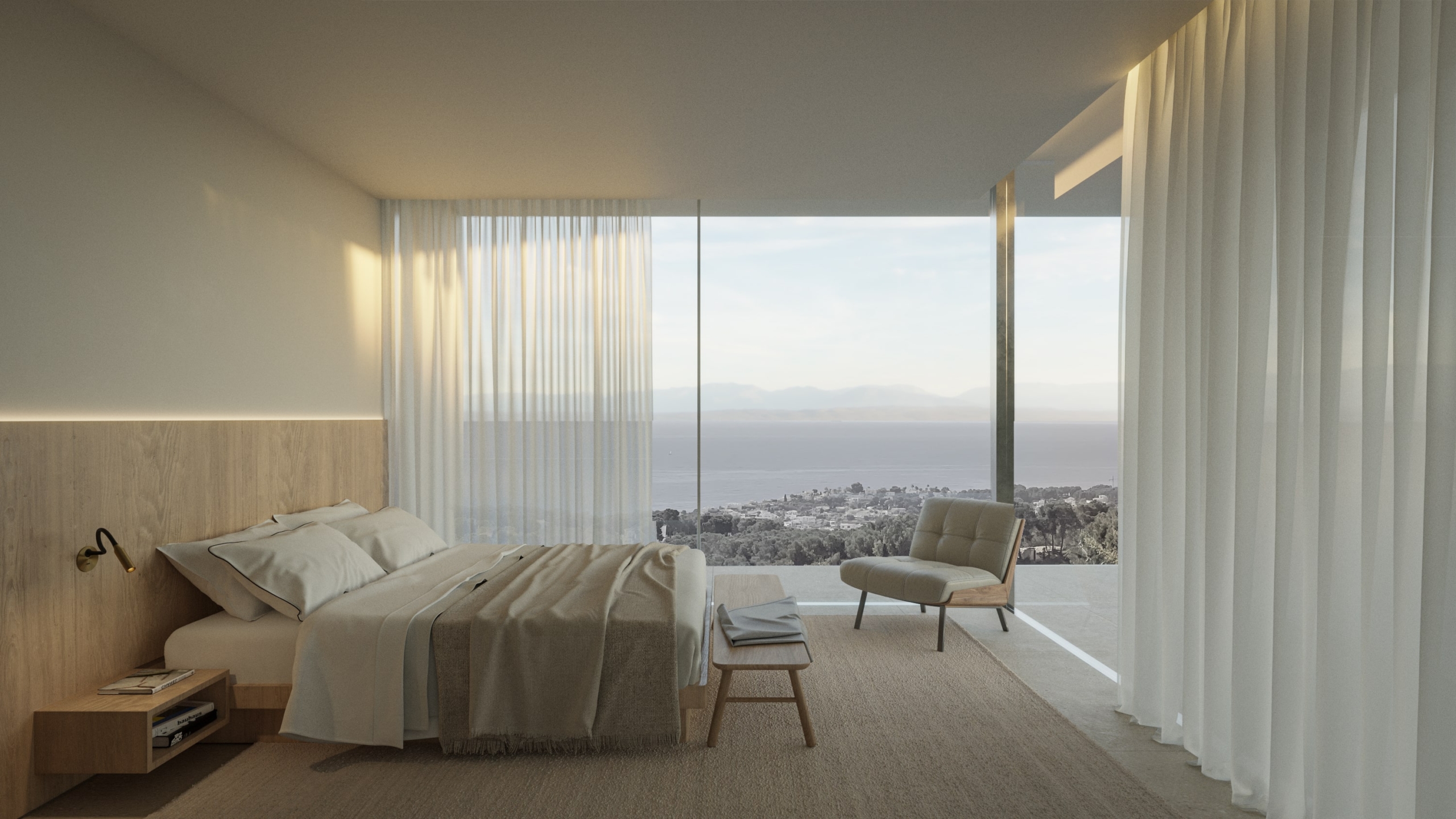 Modernes Schlafzimmer mit bodentiefen Fenstern und Panoramameerblick, einem Holzkopfteil mit integrierter LED-Beleuchtung und minimalistischen Möbeln in neutralen Tönen.