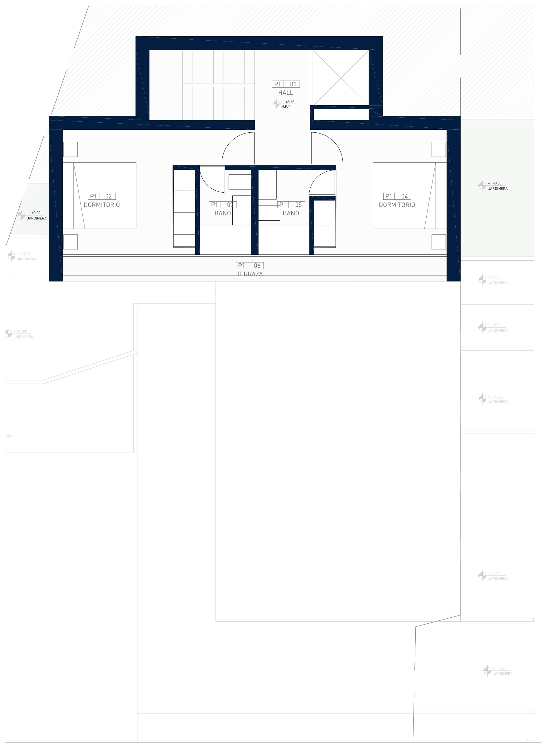 Technischer Grundriss der ersten Etage mit zwei Doppelzimmern, En-Suite-Bädern und gemeinsamer Terrasse, verbunden durch einen zentralen Flur mit Aufzug und Treppenhaus.