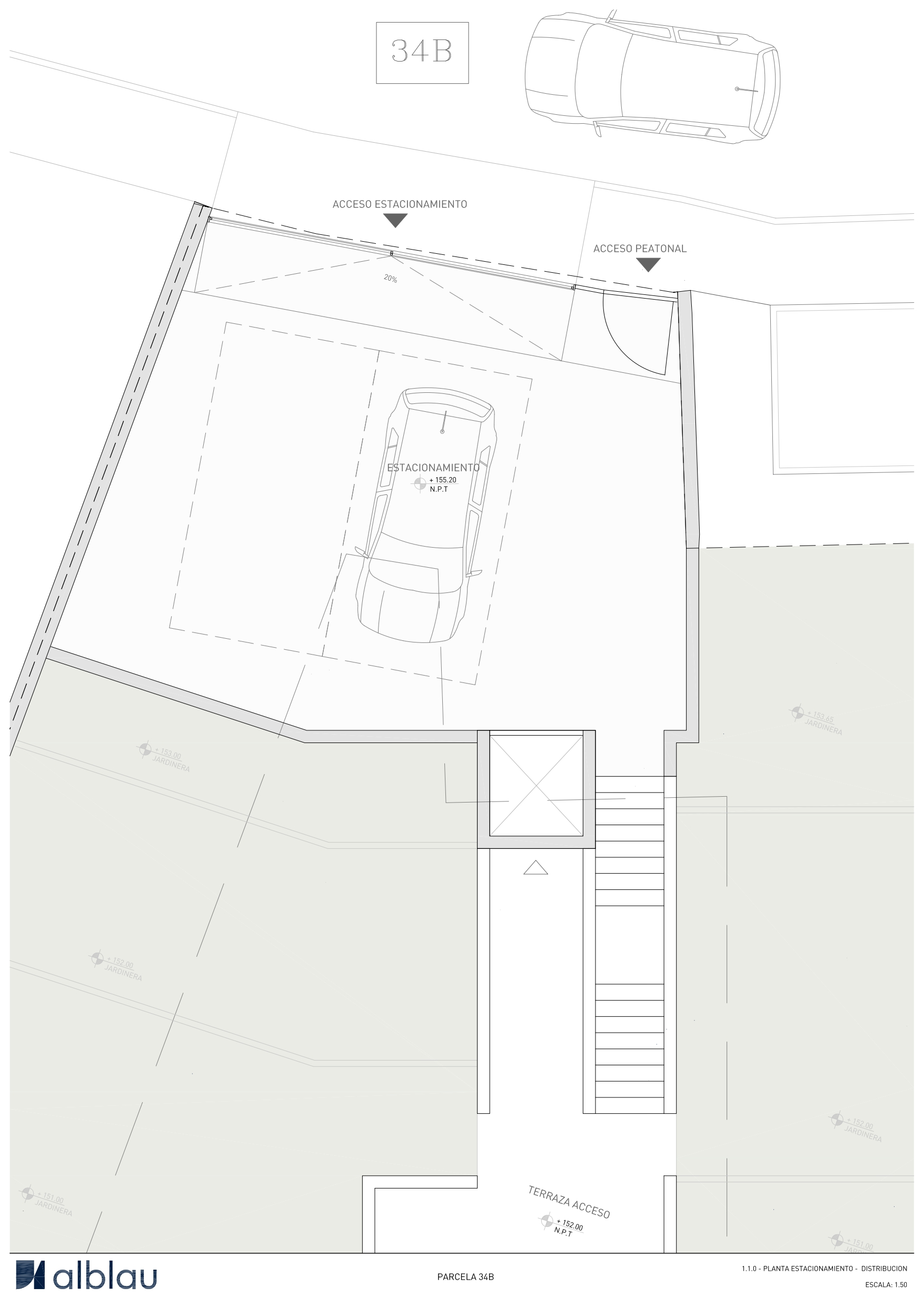 Technischer Grundriss der Straßenebene mit zwei Parkplätzen, Fußgängerzugang, Aufzugsschacht und Treppe zur Eingangsterrasse.