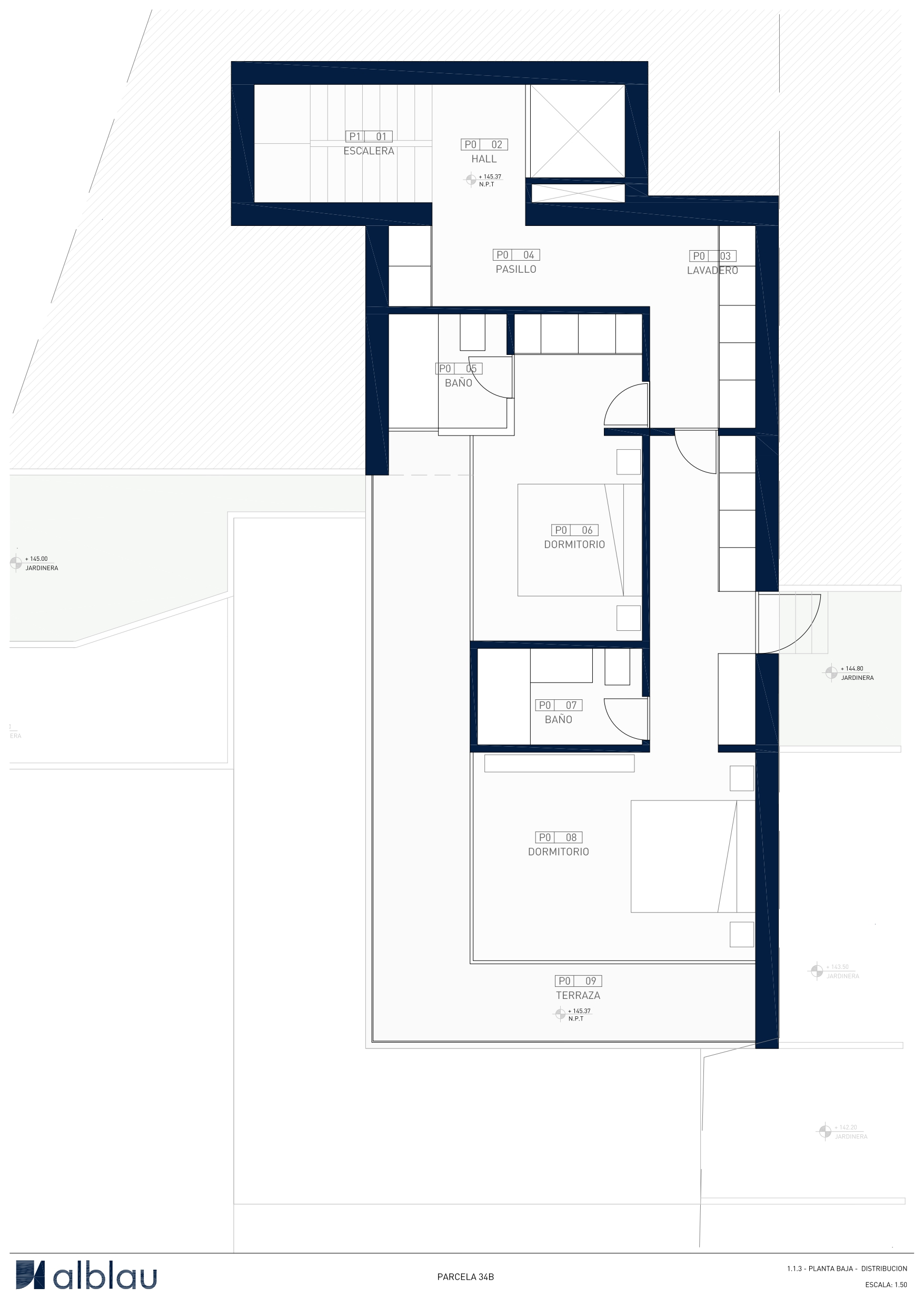 Technischer Grundriss des Erdgeschosses mit zwei Schlafzimmern inklusive En-Suite-Bädern, einem Hauswirtschaftsraum und einer großen Terrasse.