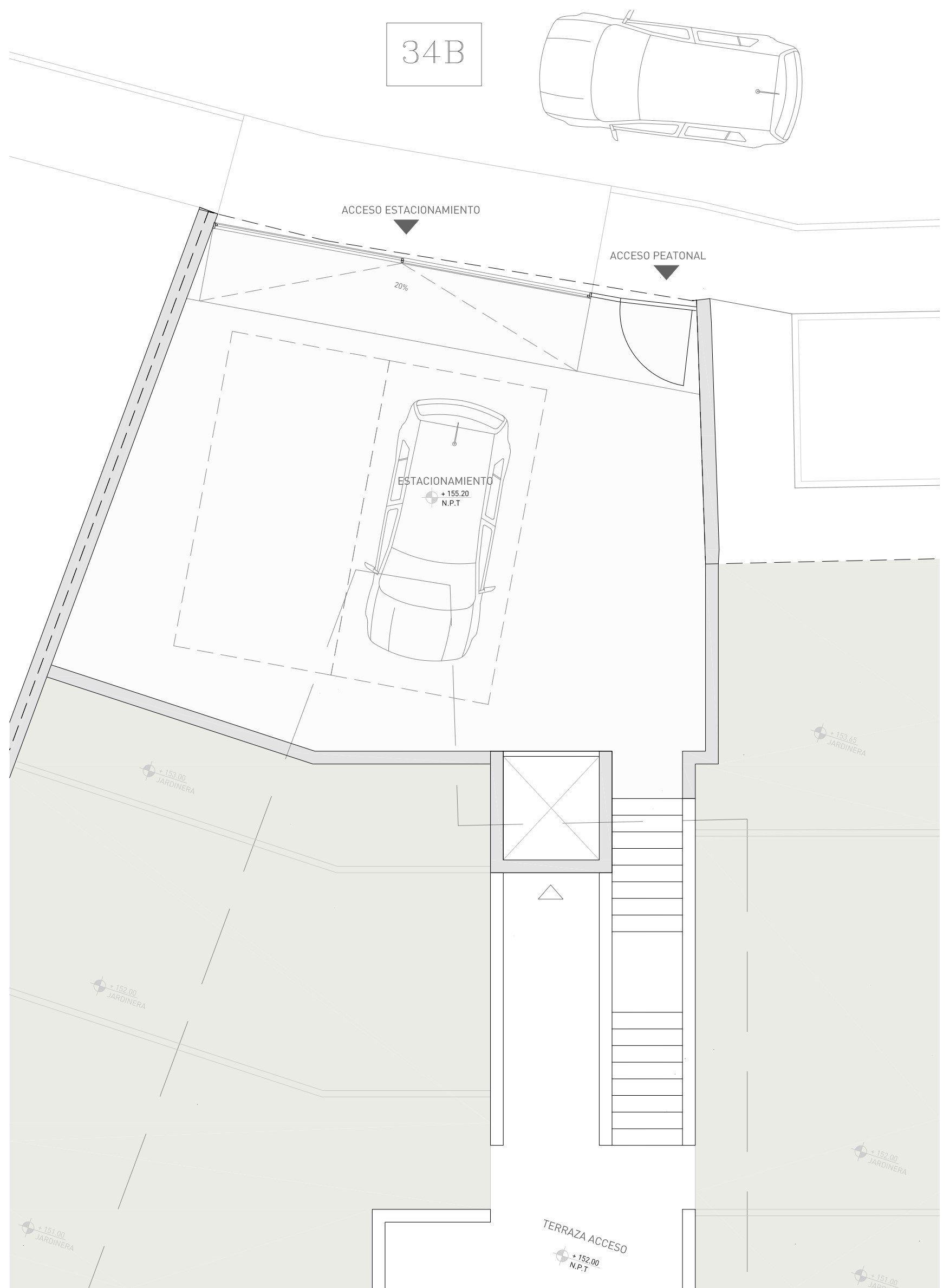 Technischer Lageplan der Straßenebene mit Doppelparkplatz, Fußgängerzugang sowie der Treppen- und Aufzugsverbindung zur Eingangsterrasse der Villa.